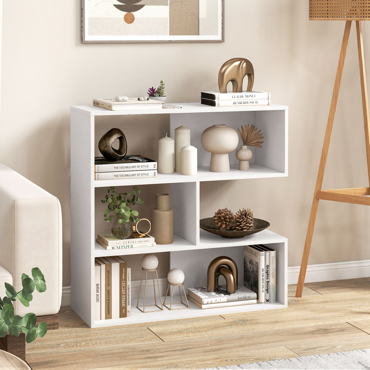 Concave Bookshelf with 3 Open Shelves & Anti-Toppling Device for Living Room-White view 3