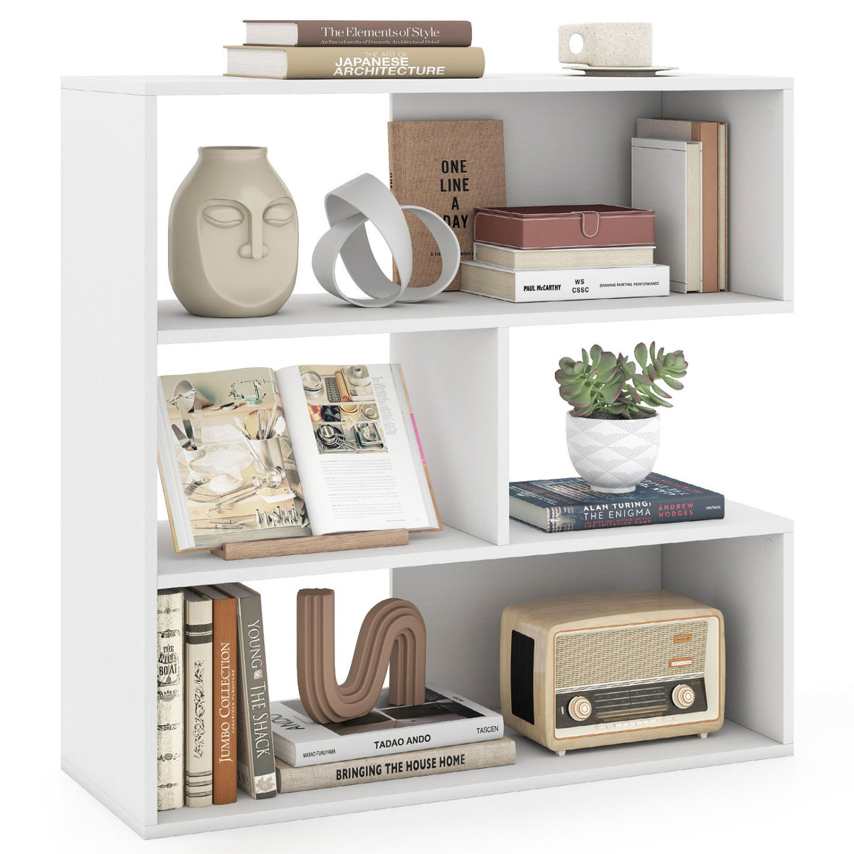 Concave Bookshelf with 3 Open Shelves & Anti-Toppling Device for Living Room-White view 4