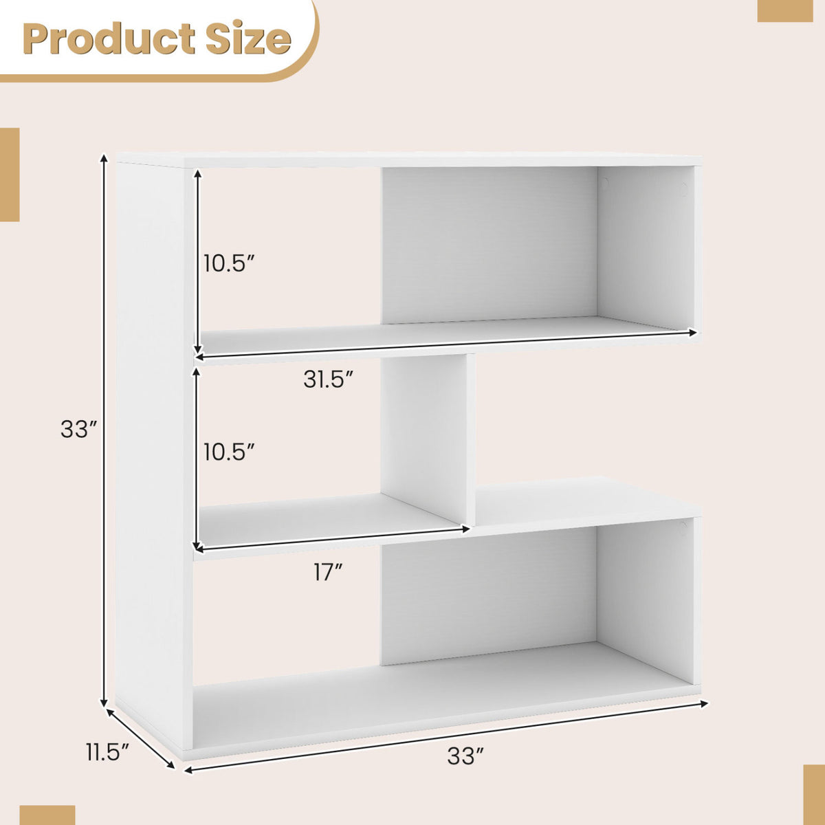 Concave Bookshelf with 3 Open Shelves & Anti-Toppling Device for Living Room-White view 5