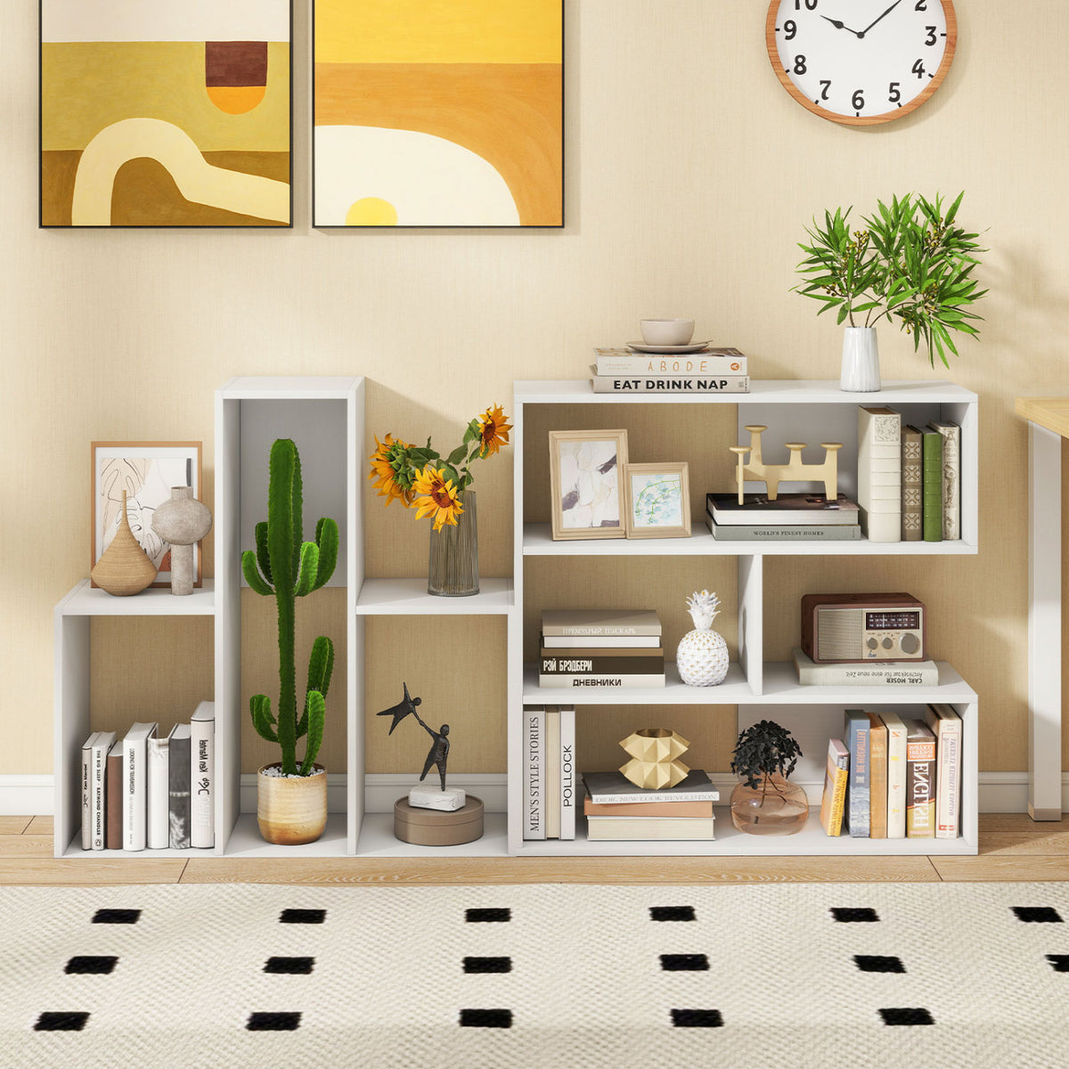 Concave Bookshelf with 3 Open Shelves & Anti-Toppling Device for Living Room-White view 6