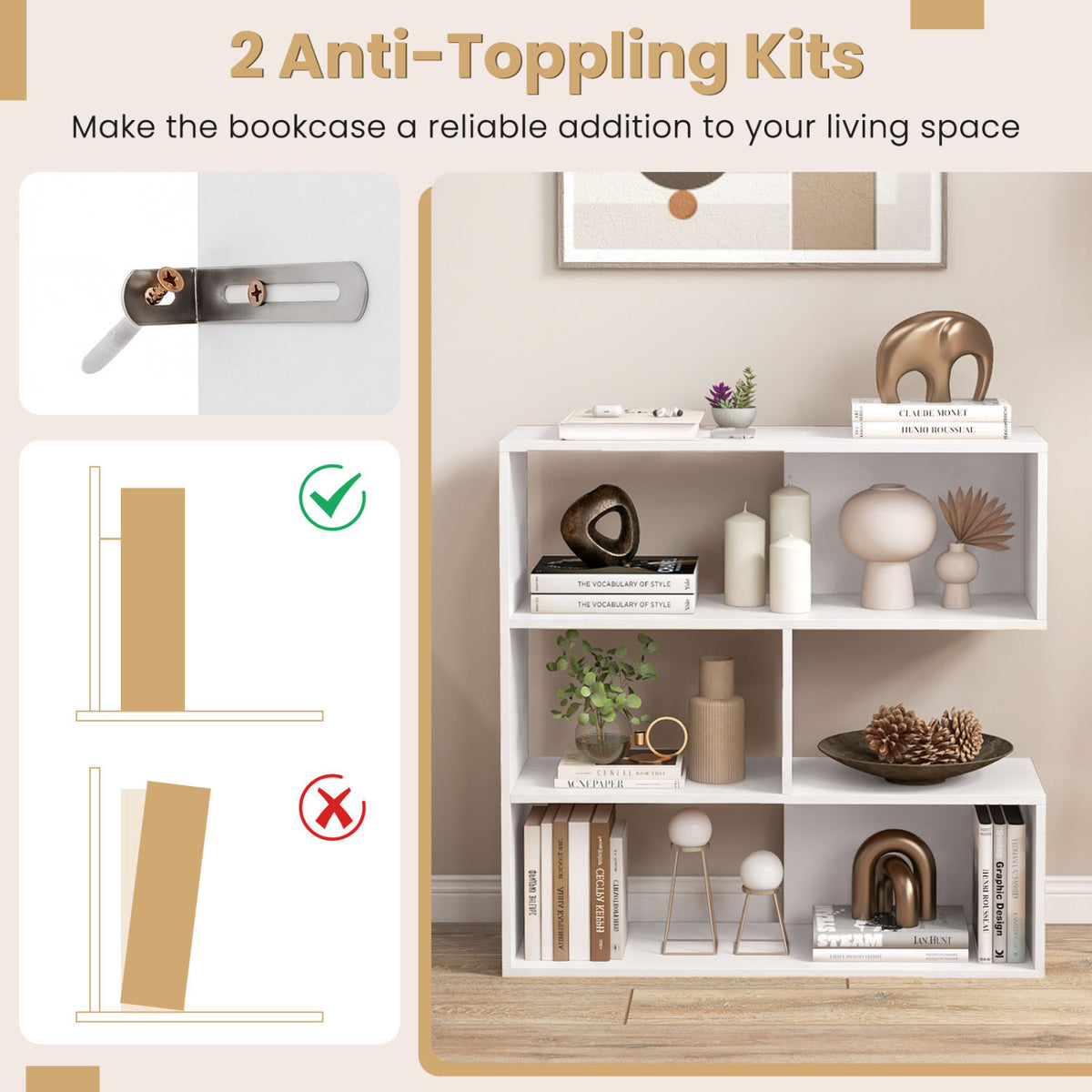Concave Bookshelf with 3 Open Shelves & Anti-Toppling Device for Living Room-White view 9