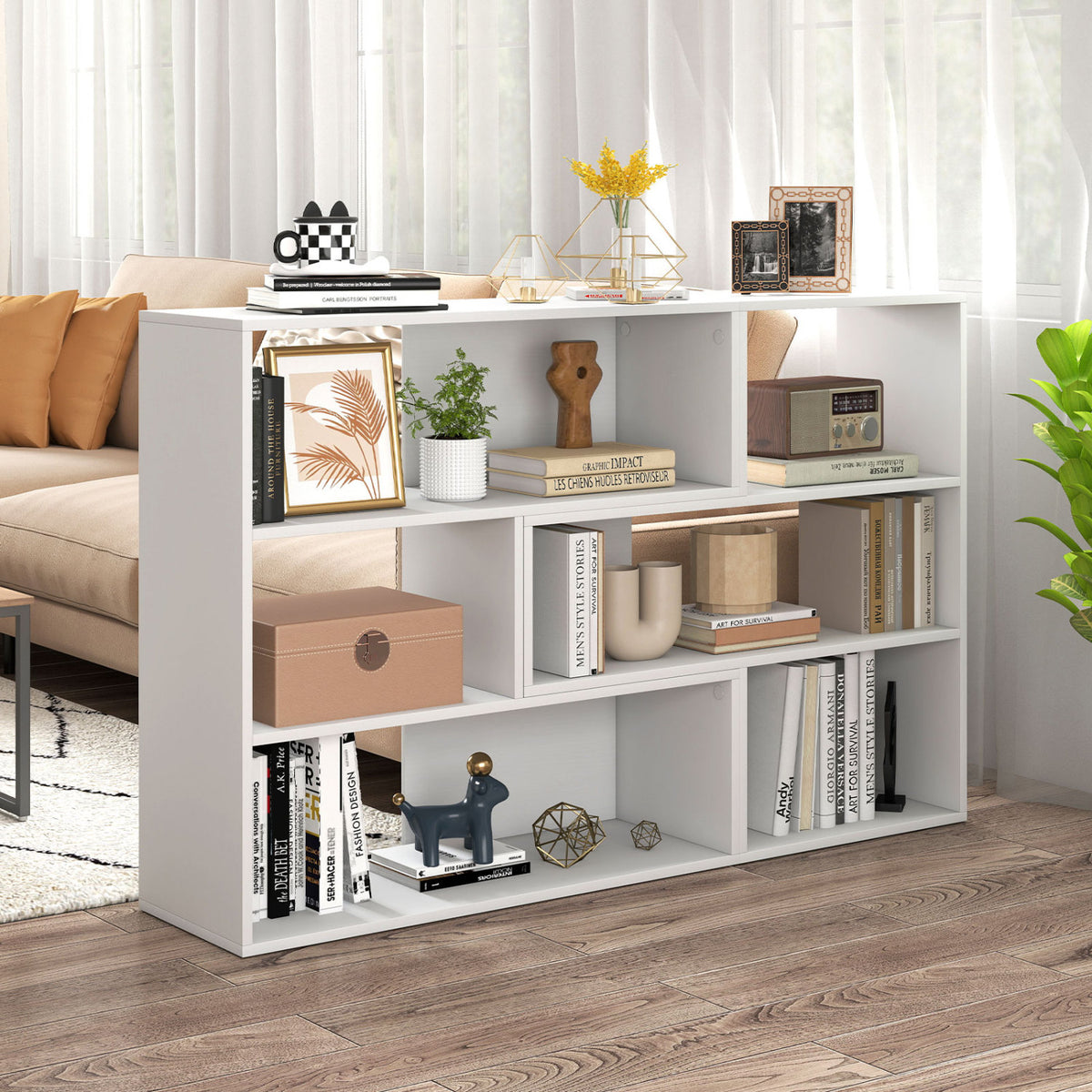 Concave & Convex Bookshelf Set with 3 Open Shelves & Anti-Toppling Device for Living Room-White view 2