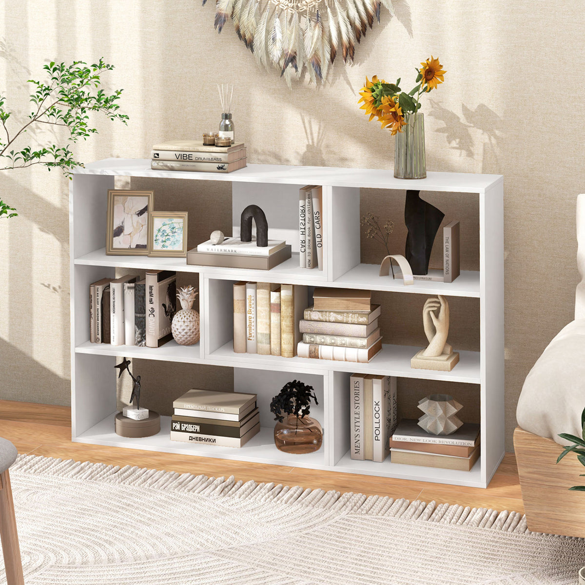 Concave & Convex Bookshelf Set with 3 Open Shelves & Anti-Toppling Device for Living Room-White view 3