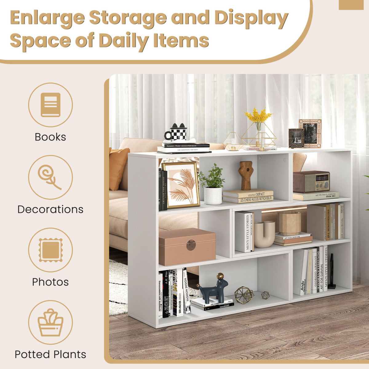 Concave & Convex Bookshelf Set with 3 Open Shelves & Anti-Toppling Device for Living Room-White view 8
