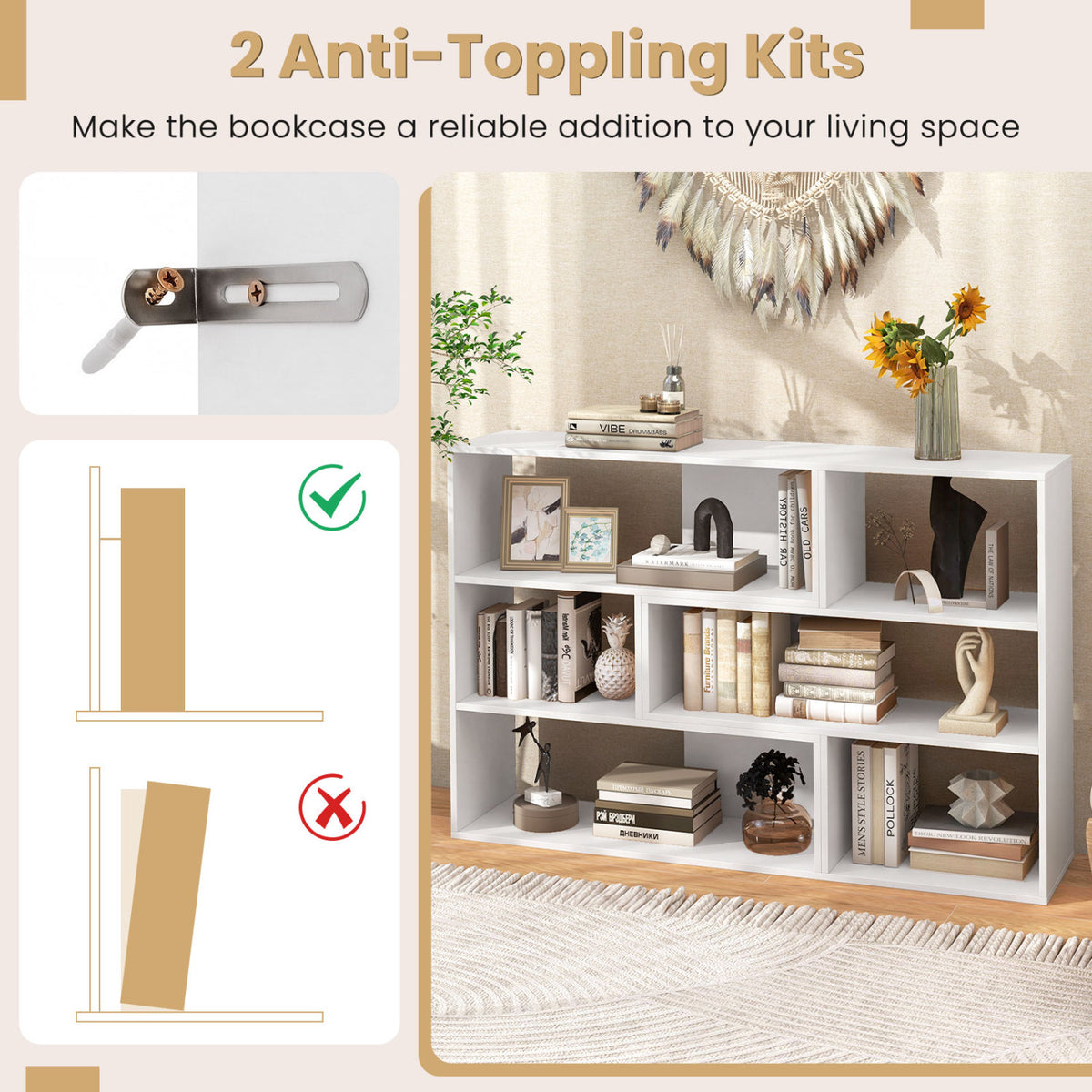 Concave & Convex Bookshelf Set with 3 Open Shelves & Anti-Toppling Device for Living Room-White view 9
