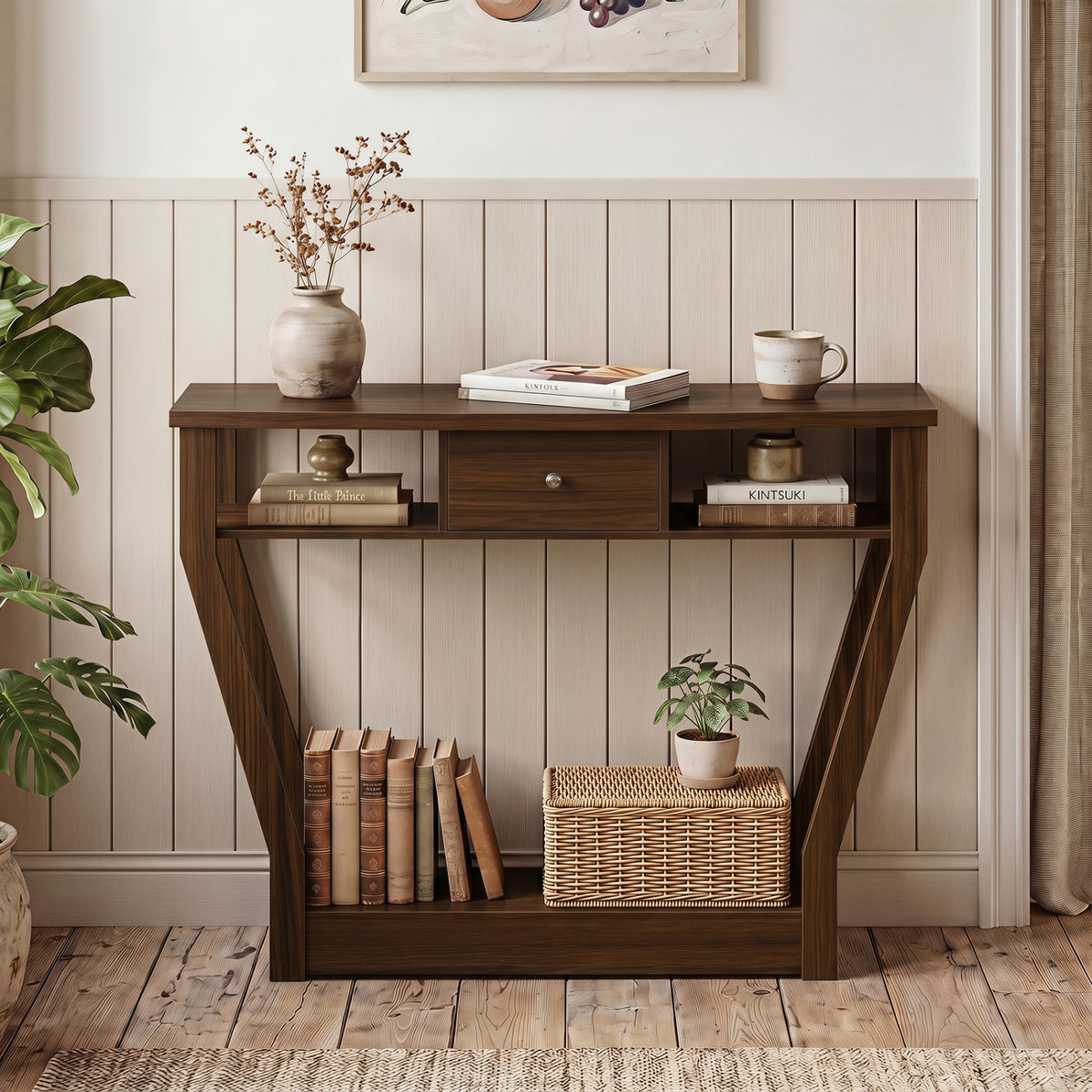 Console Hall Table with Storage Drawer and Shelf-Walnut view 3