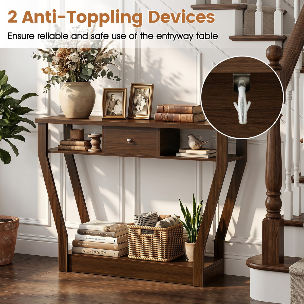 Console Hall Table with Storage Drawer and Shelf-Walnut view 9