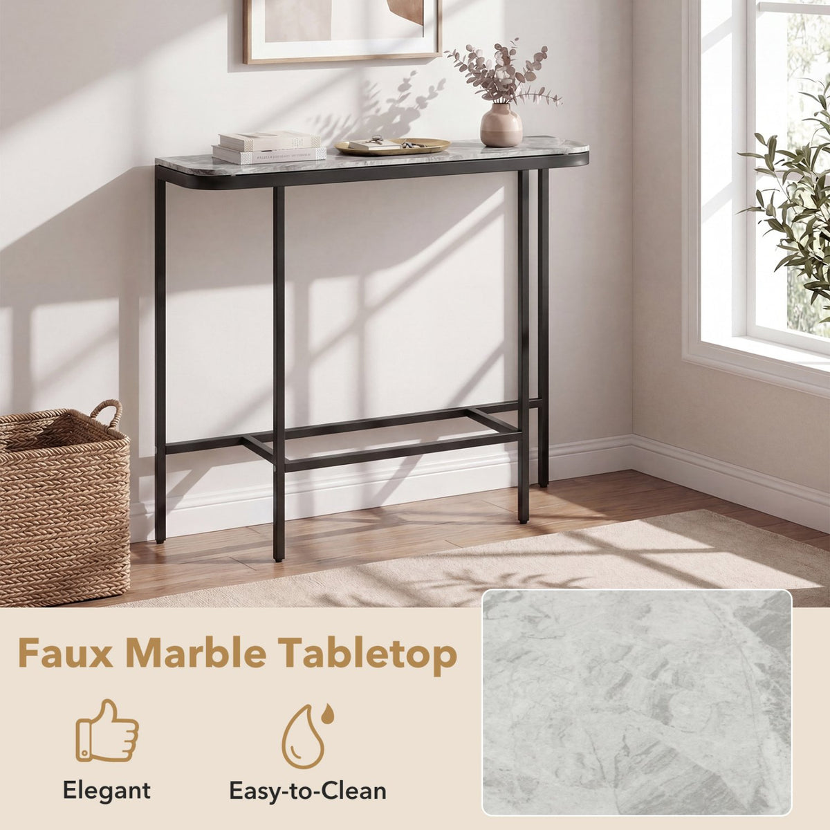 Console Table 44-Inch Entryway Table with Faux Marble Tabletop and Heavy-Duty Metal Frame-Gray view 8