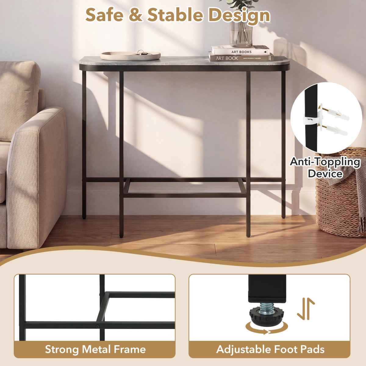 Console Table 44-Inch Entryway Table with Faux Marble Tabletop and Heavy-Duty Metal Frame-Gray view 9