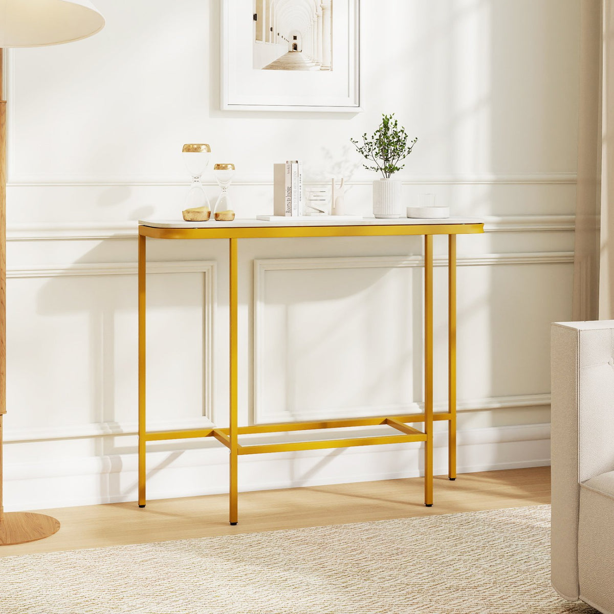 Console Table 44-Inch Entryway Table with Faux Marble Tabletop and Heavy-Duty Metal Frame-White view 2