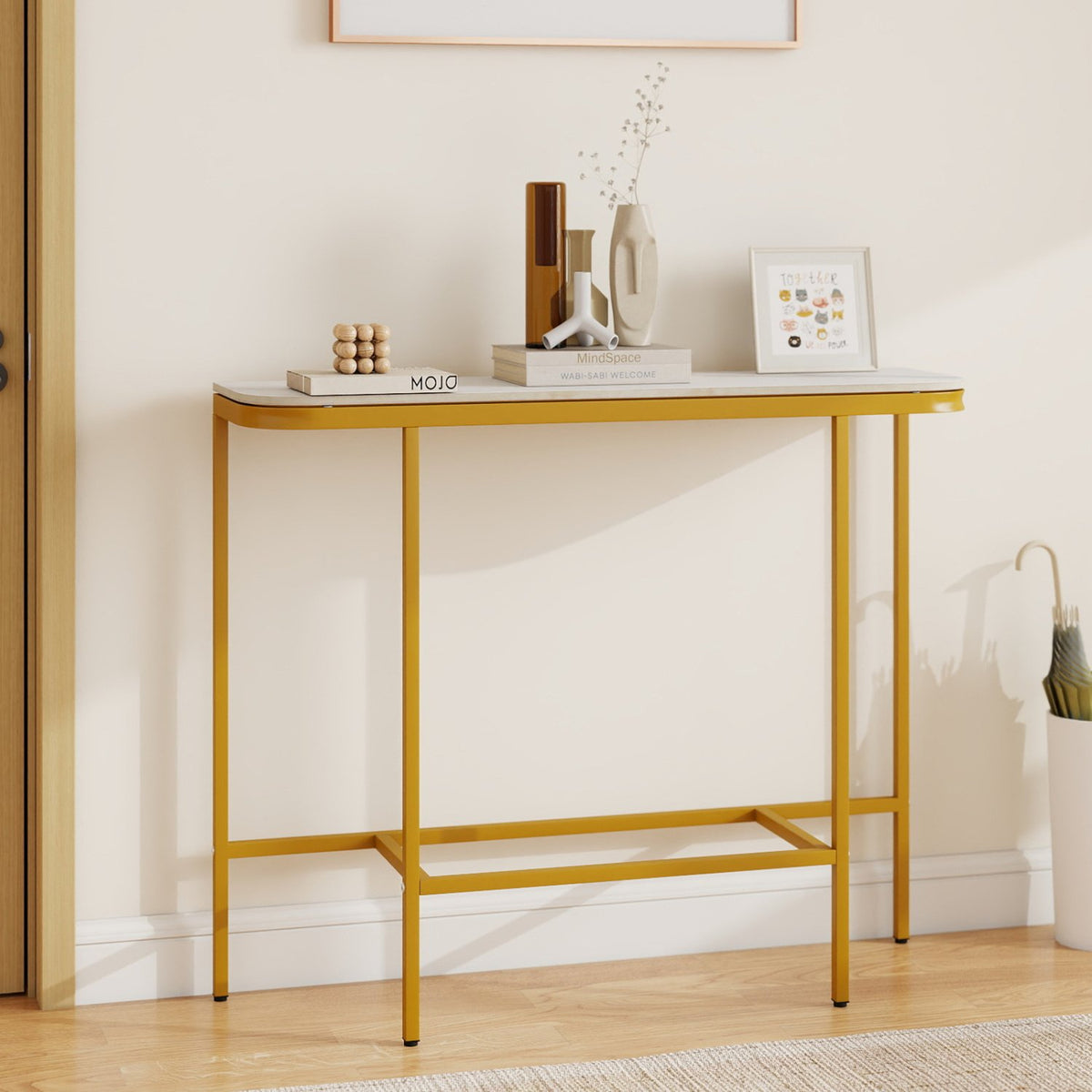 Console Table 44-Inch Entryway Table with Faux Marble Tabletop and Heavy-Duty Metal Frame-White view 6