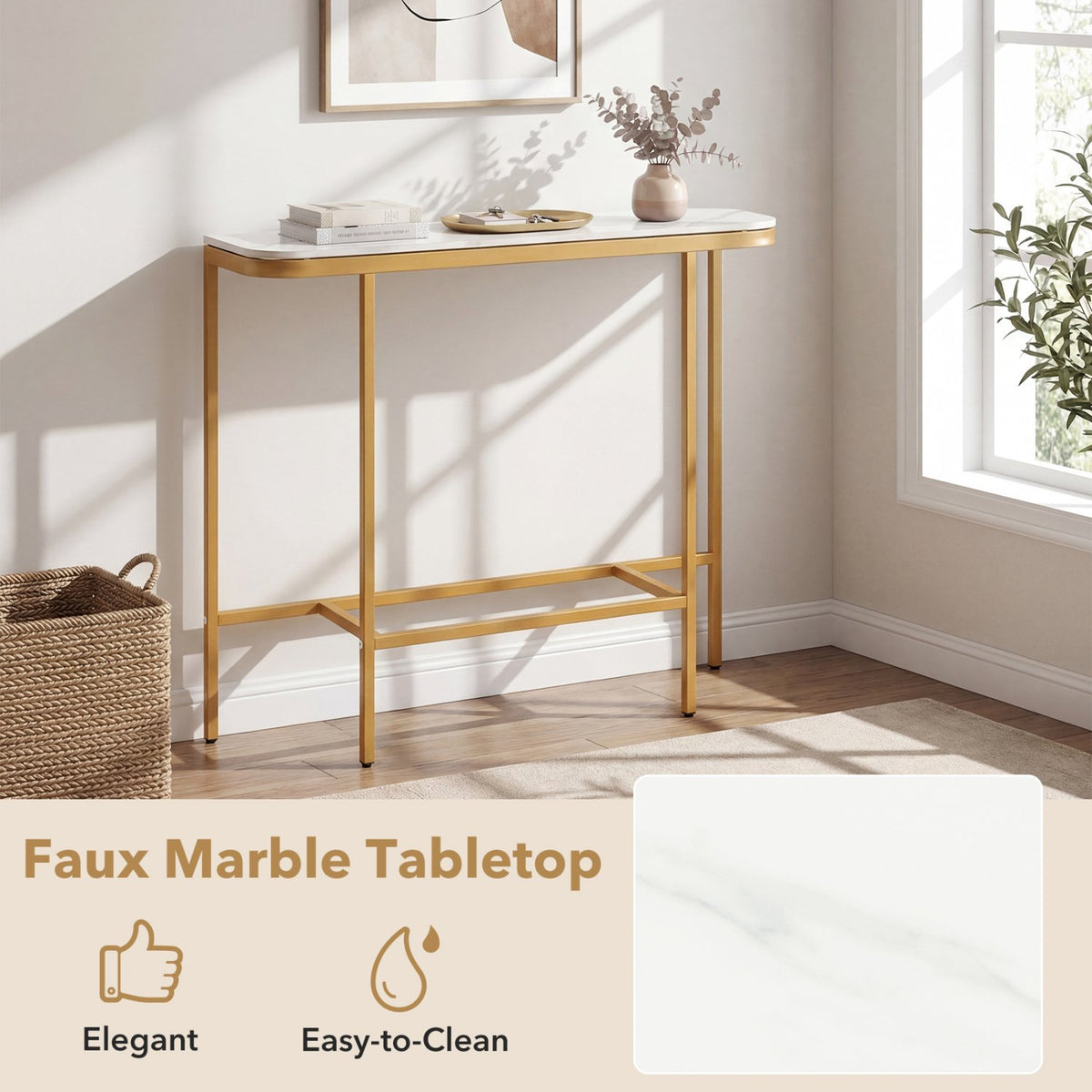 Console Table 44-Inch Entryway Table with Faux Marble Tabletop and Heavy-Duty Metal Frame-White view 8