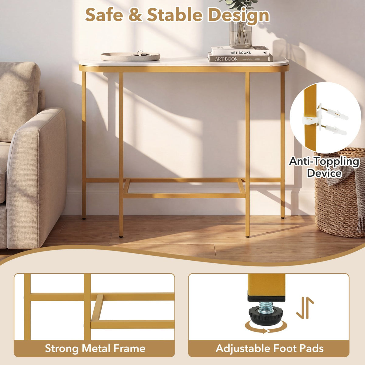 Console Table 44-Inch Entryway Table with Faux Marble Tabletop and Heavy-Duty Metal Frame-White view 9