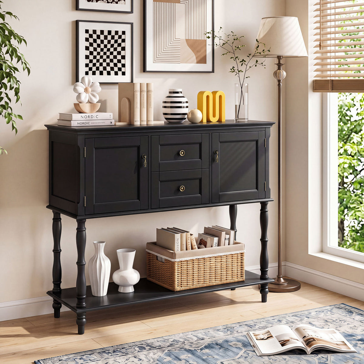 Console Table with 2 Drawers and 2 Door Cabinets and Bottom Storage Shelf-Black view 2