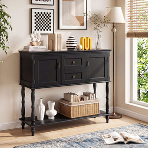 Console Table with 2 Drawers and 2 Door Cabinets and Bottom Storage Shelf-Black view 2