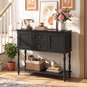 Console Table with 2 Drawers and 2 Door Cabinets and Bottom Storage Shelf-Black view 3