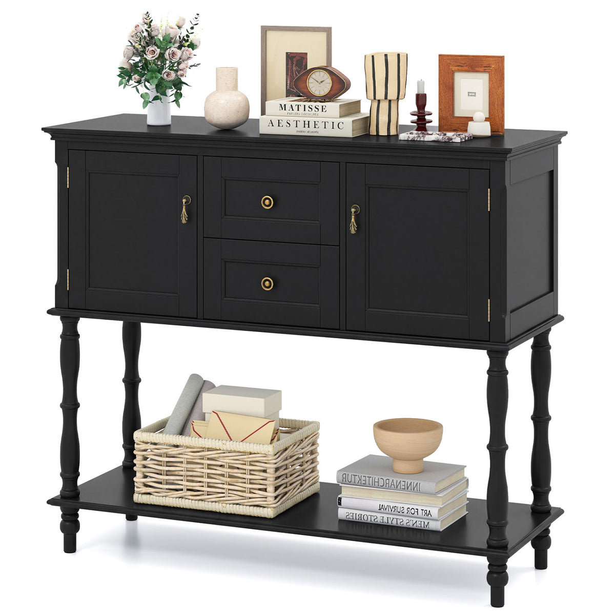 Console Table with 2 Drawers and 2 Door Cabinets and Bottom Storage Shelf-Black view 4