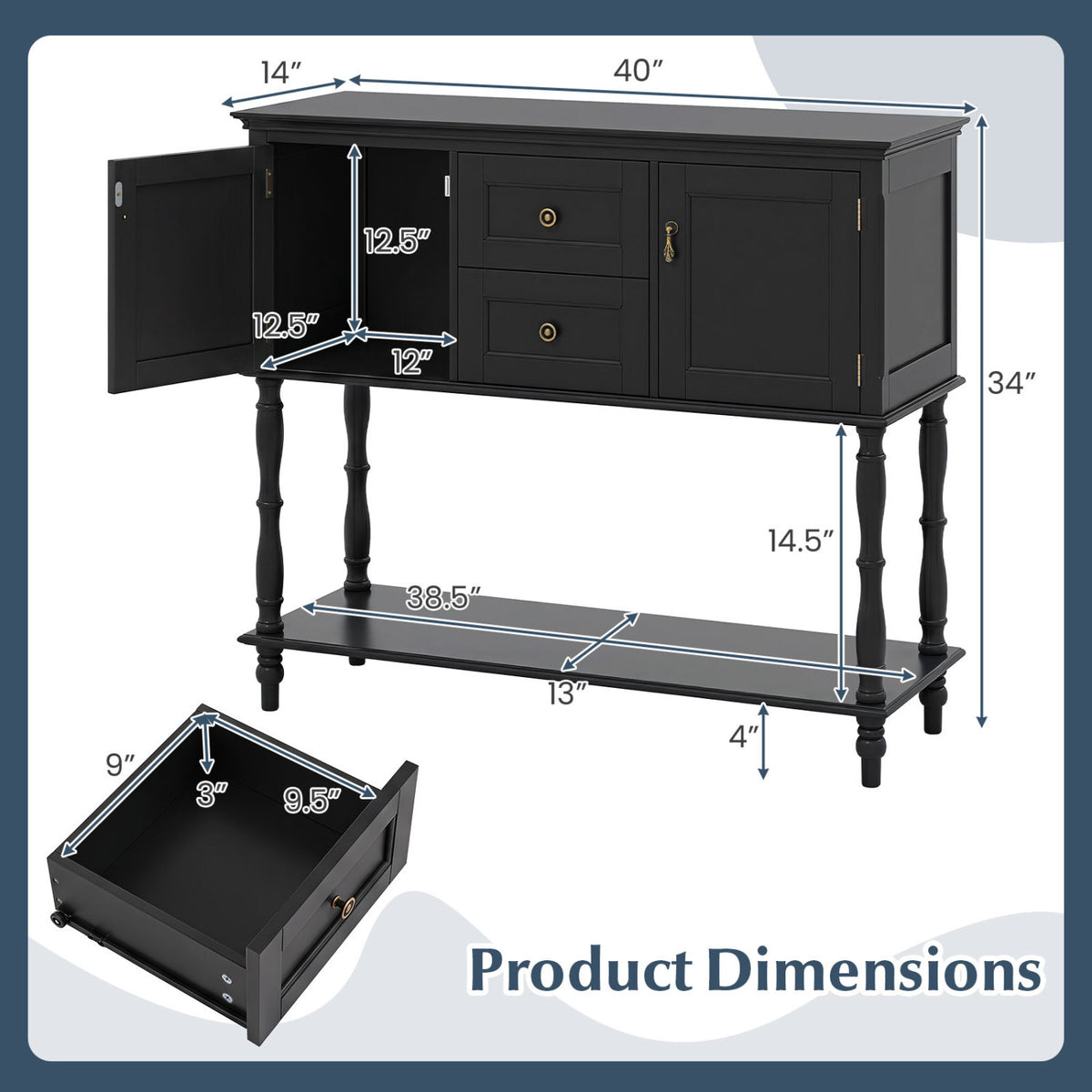 Console Table with 2 Drawers and 2 Door Cabinets and Bottom Storage Shelf-Black view 5