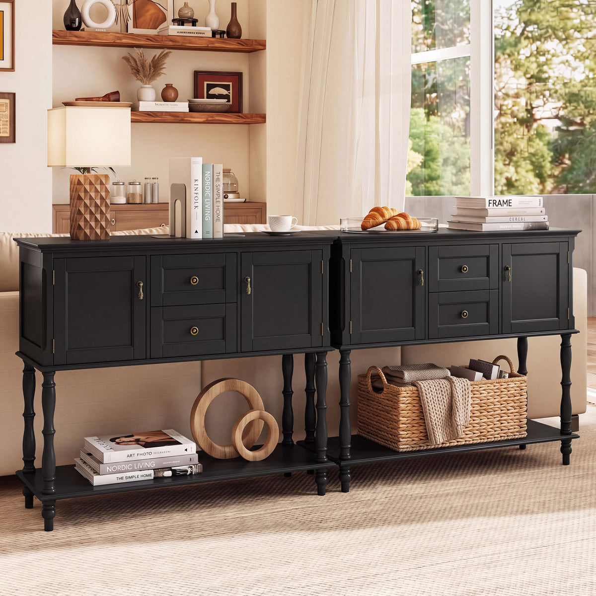 Console Table with 2 Drawers and 2 Door Cabinets and Bottom Storage Shelf-Black view 6