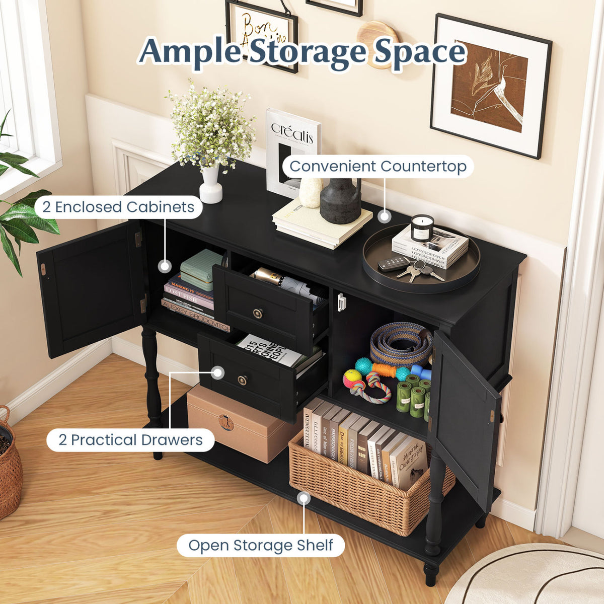 Console Table with 2 Drawers and 2 Door Cabinets and Bottom Storage Shelf-Black view 7