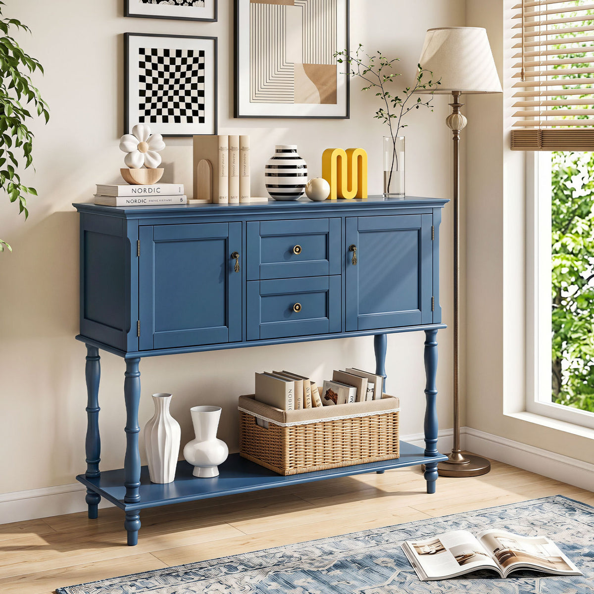 Console Table with 2 Drawers and 2 Door Cabinets and Bottom Storage Shelf-Blue view 2