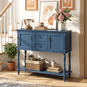 Console Table with 2 Drawers and 2 Door Cabinets and Bottom Storage Shelf-Blue view 3
