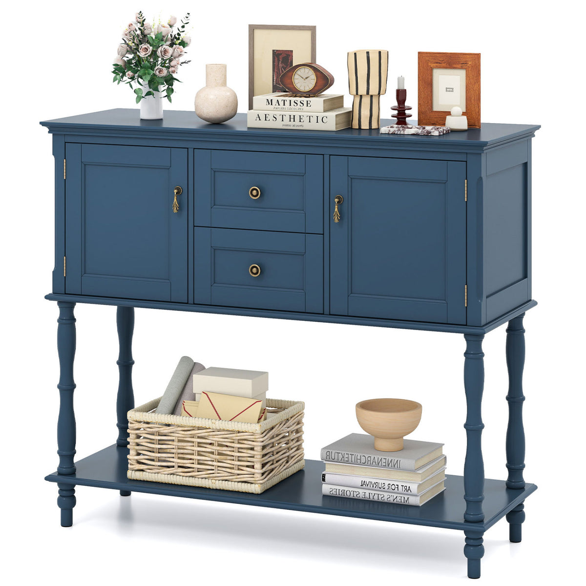 Console Table with 2 Drawers and 2 Door Cabinets and Bottom Storage Shelf-Blue view 4