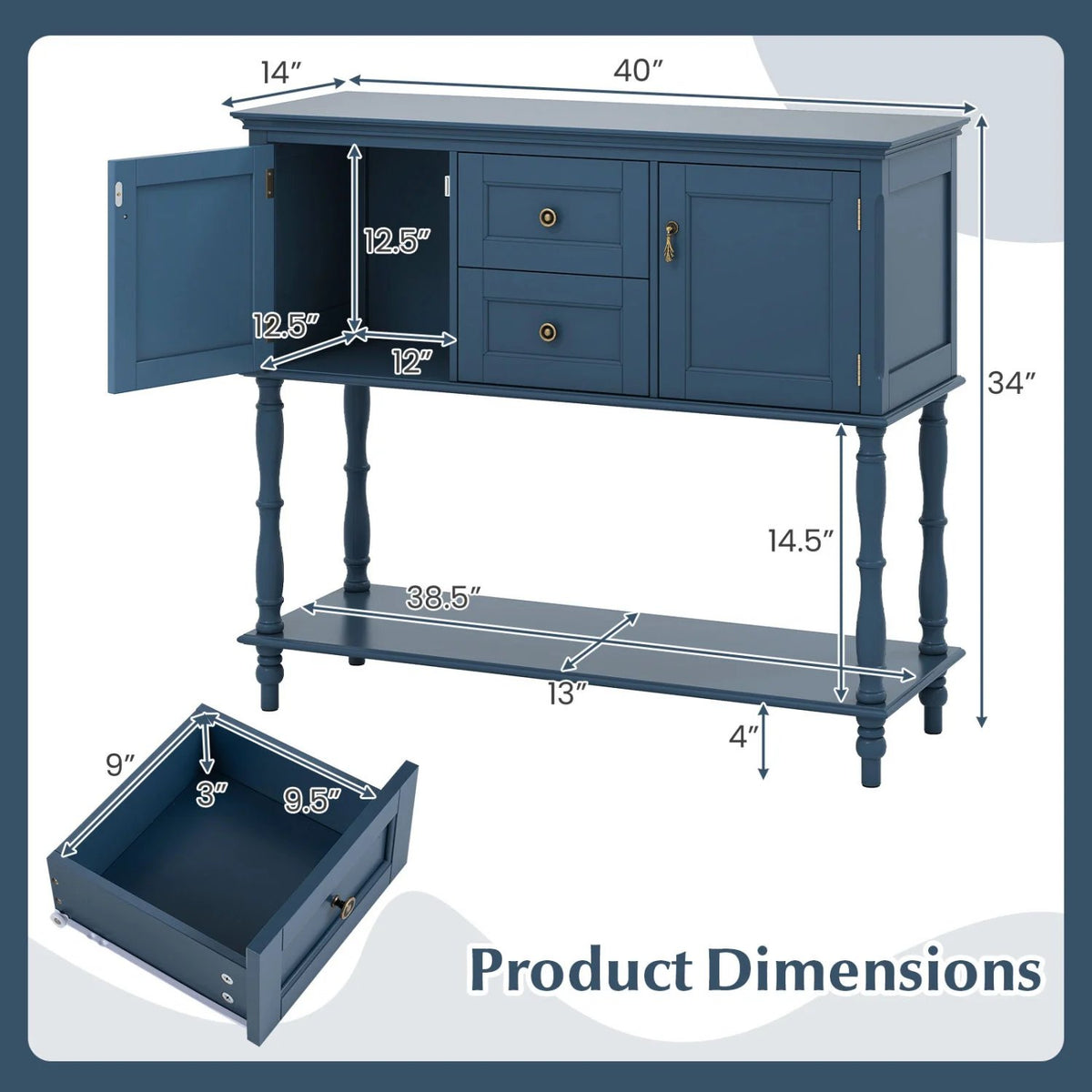 Console Table with 2 Drawers and 2 Door Cabinets and Bottom Storage Shelf-Blue view 5