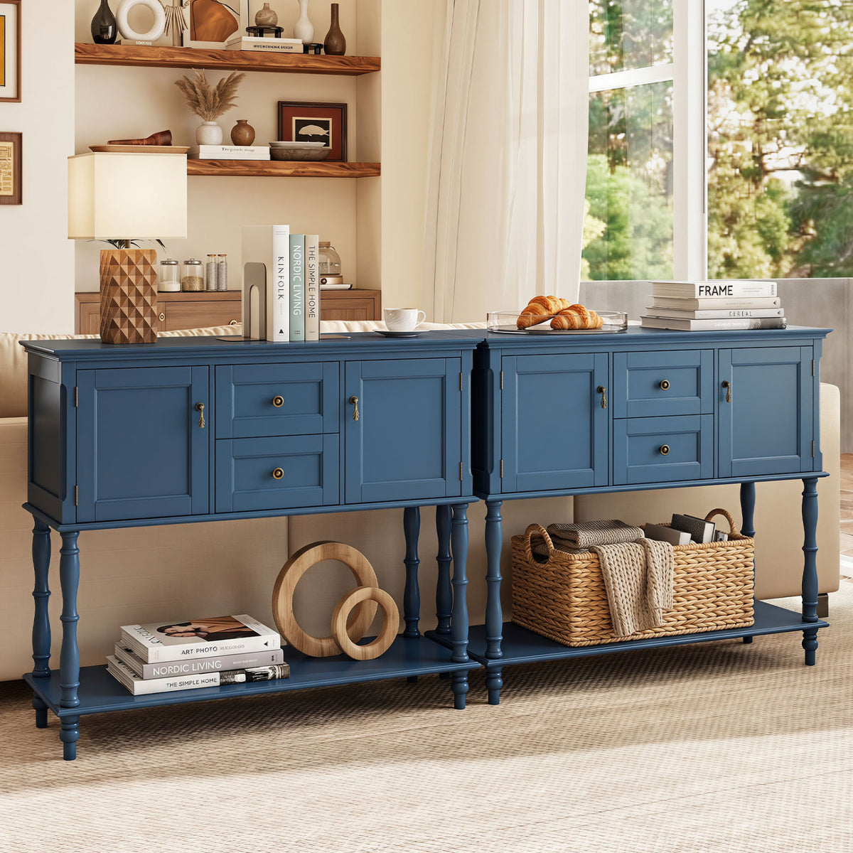 Console Table with 2 Drawers and 2 Door Cabinets and Bottom Storage Shelf-Blue view 6