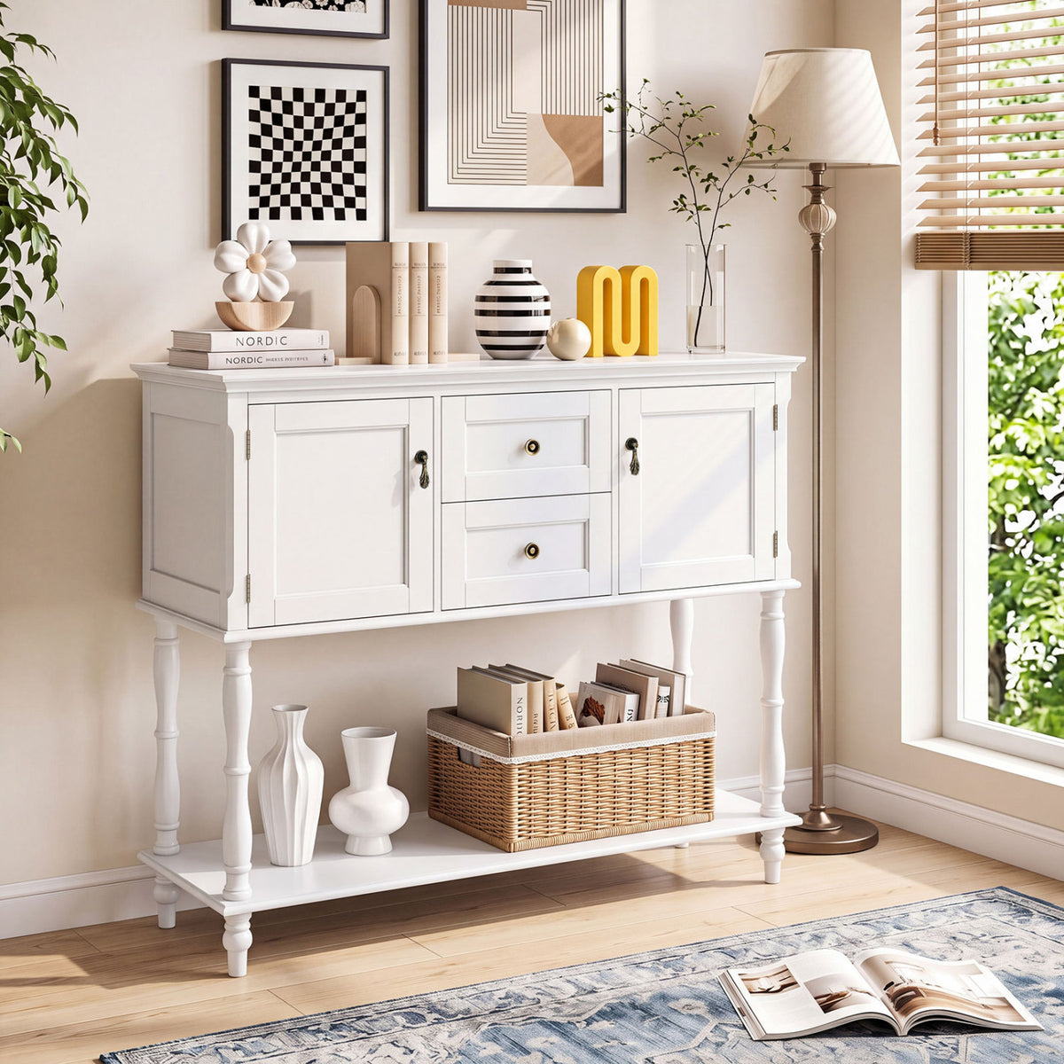Console Table with 2 Drawers and 2 Door Cabinets and Bottom Storage Shelf-White view 2