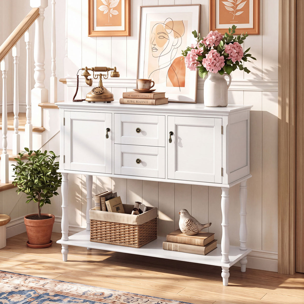 Console Table with 2 Drawers and 2 Door Cabinets and Bottom Storage Shelf-White view 3