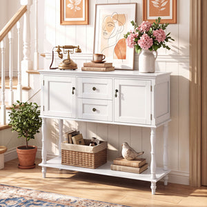 Console Table with 2 Drawers and 2 Door Cabinets and Bottom Storage Shelf-White view 3