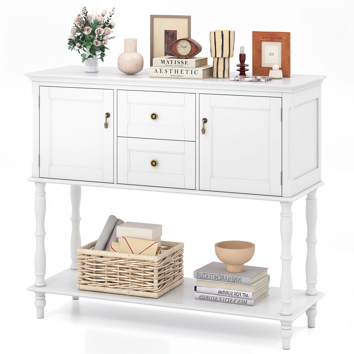 Console Table with 2 Drawers and 2 Door Cabinets and Bottom Storage Shelf-White view 4