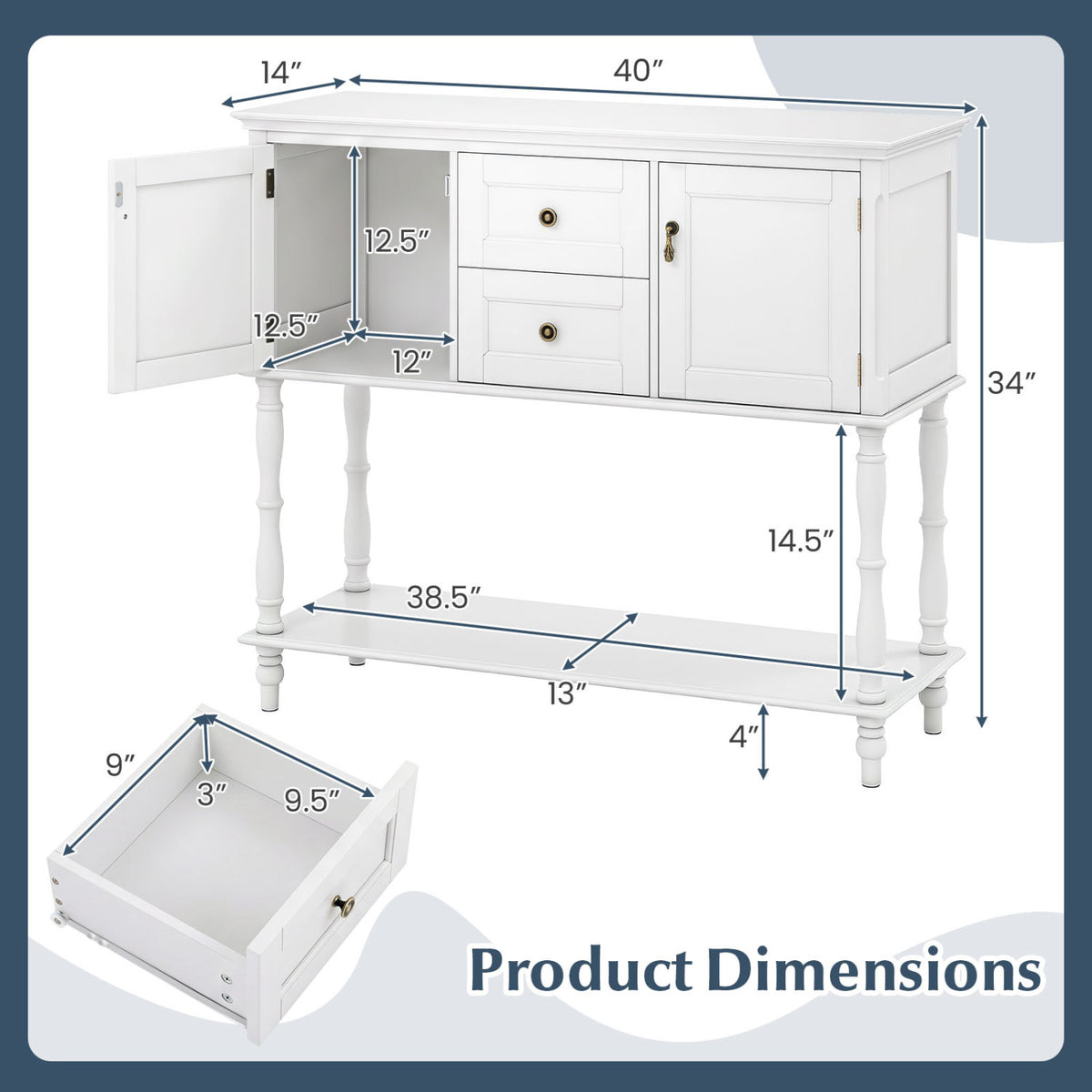 Console Table with 2 Drawers and 2 Door Cabinets and Bottom Storage Shelf-White view 5