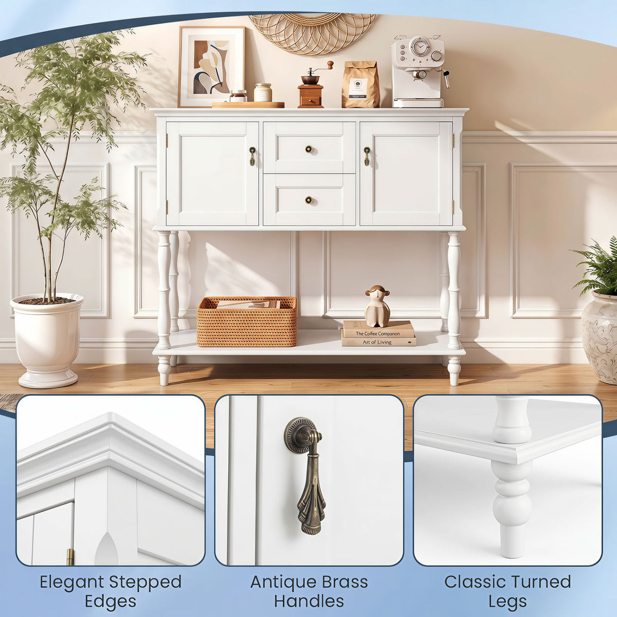 Console Table with 2 Drawers and 2 Door Cabinets and Bottom Storage Shelf-White view 8