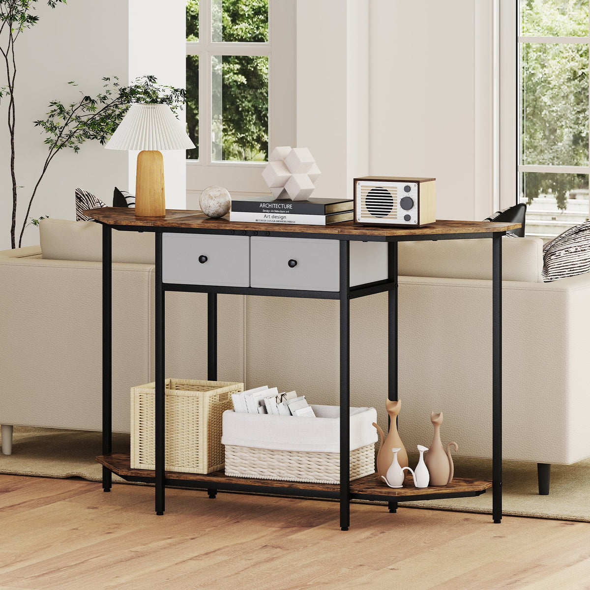 Console Table with 2 Drawers and Open Storage Shelf-Rustic Brown view 2