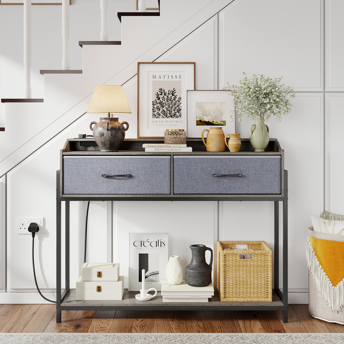 Console Table with Charging Station 110 cm Narrow Entryway Table with 2 Drawers and Shelves-Gray view 2