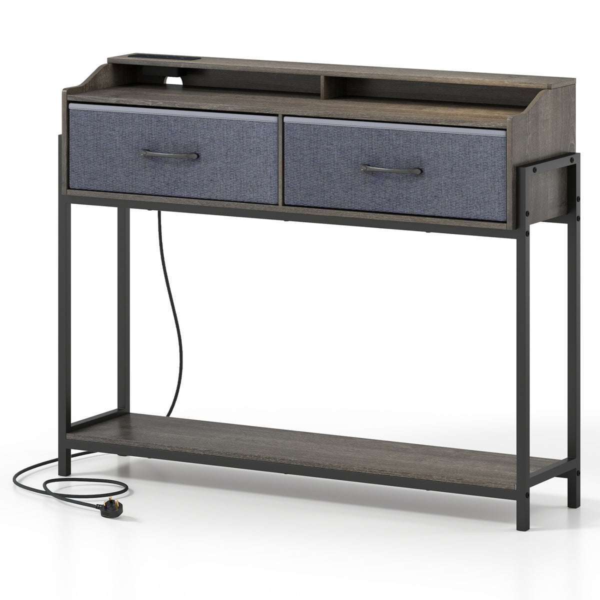 Console Table with Charging Station 110 cm Narrow Entryway Table with 2 Drawers and Shelves-Gray view 4