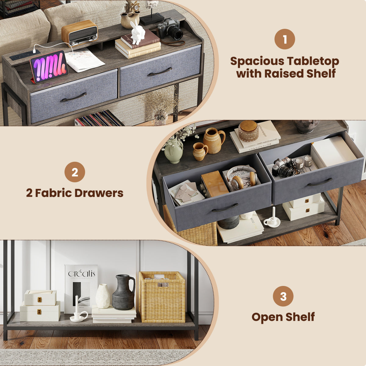 Console Table with Charging Station 110 cm Narrow Entryway Table with 2 Drawers and Shelves-Gray view 8