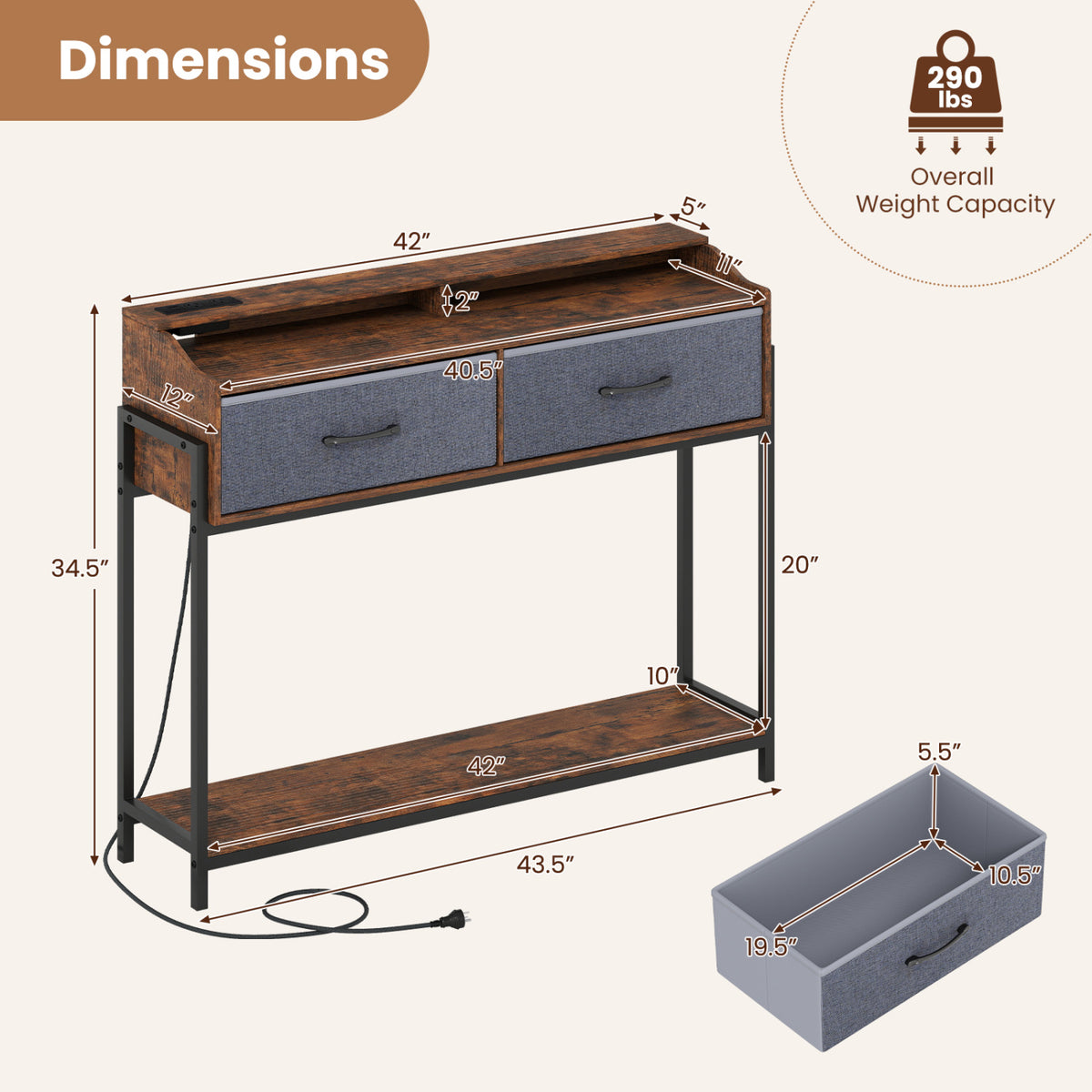 Console Table with Charging Station 110 cm Narrow Entryway Table with 2 Drawers and Shelves-Rustic Brown view 5