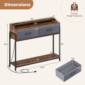 Console Table with Charging Station 110 cm Narrow Entryway Table with 2 Drawers and Shelves-Rustic Brown view 5