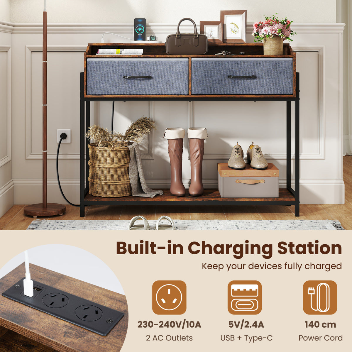 Console Table with Charging Station 110 cm Narrow Entryway Table with 2 Drawers and Shelves-Rustic Brown view 7