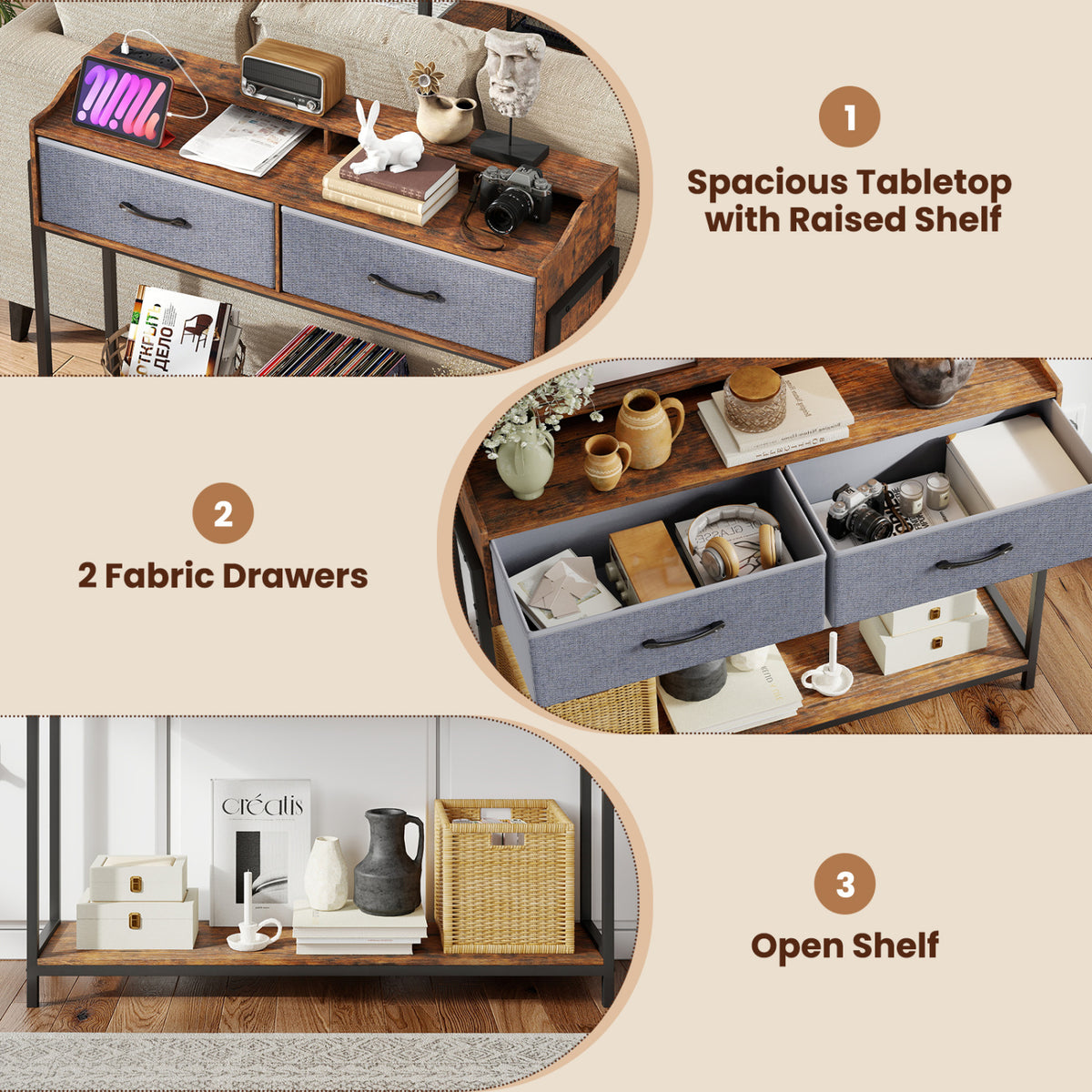 Console Table with Charging Station 110 cm Narrow Entryway Table with 2 Drawers and Shelves-Rustic Brown view 8