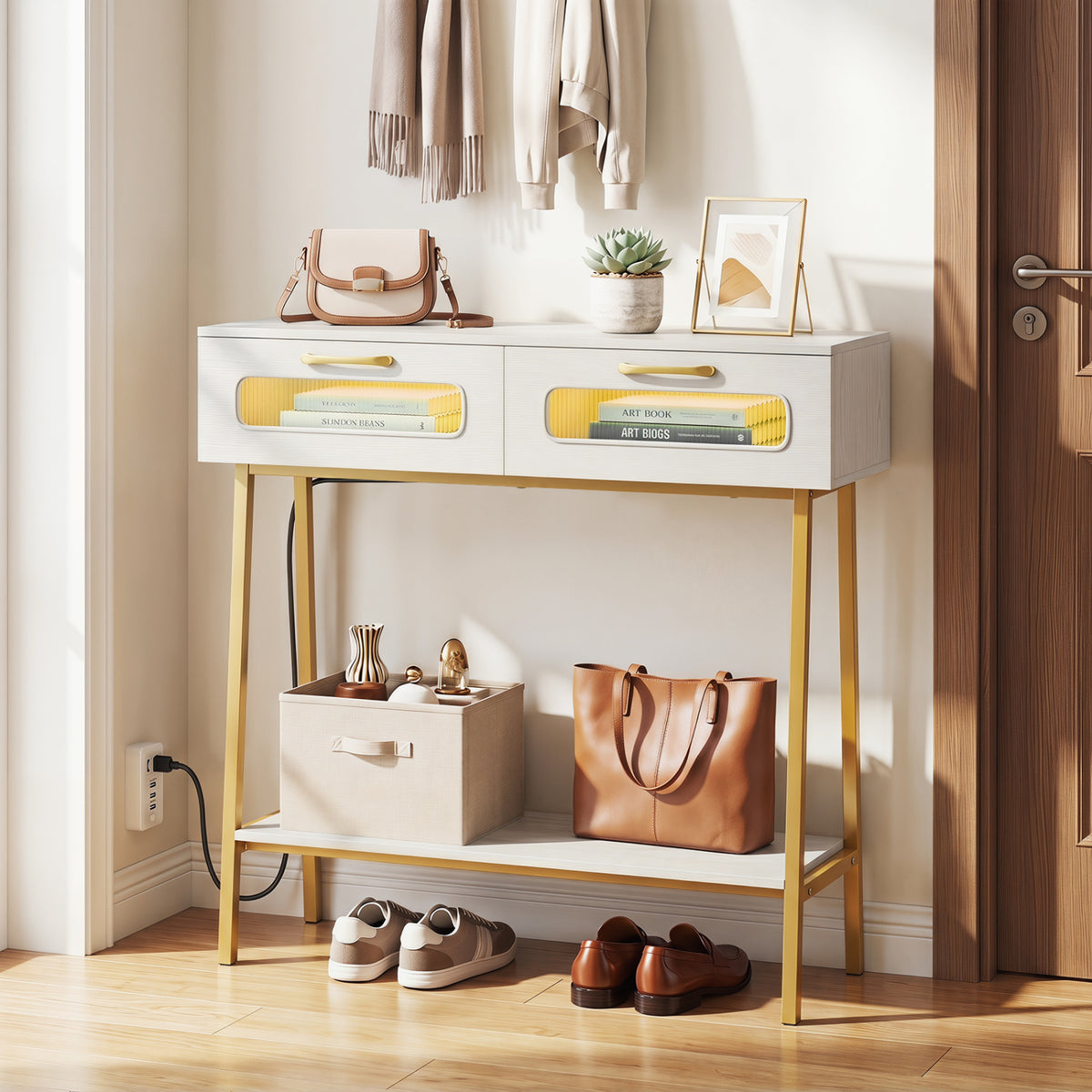 Console Table with LED Lights and Open Shelf for Hallway Entrance-White view 2
