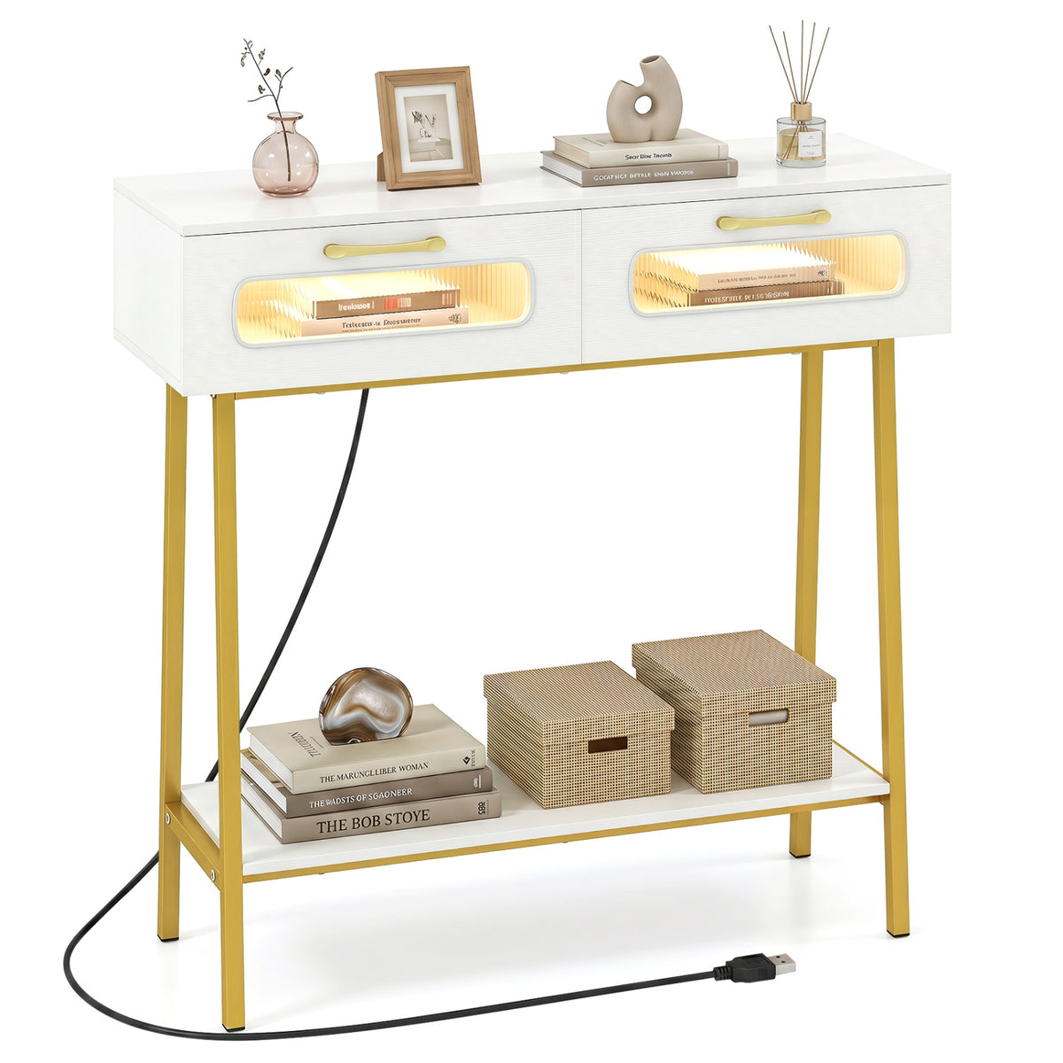 Console Table with LED Lights and Open Shelf for Hallway Entrance-White view 4