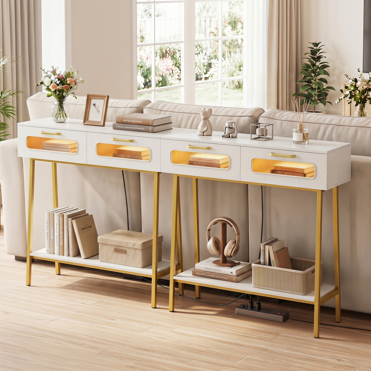 Console Table with LED Lights and Open Shelf for Hallway Entrance-White view 6