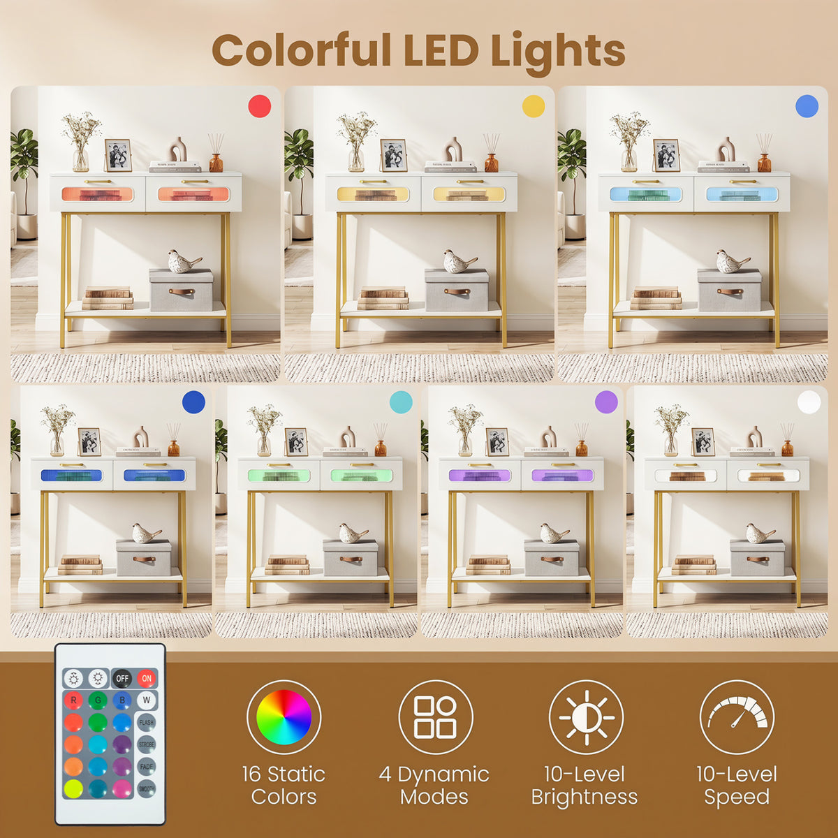 Console Table with LED Lights and Open Shelf for Hallway Entrance-White view 7