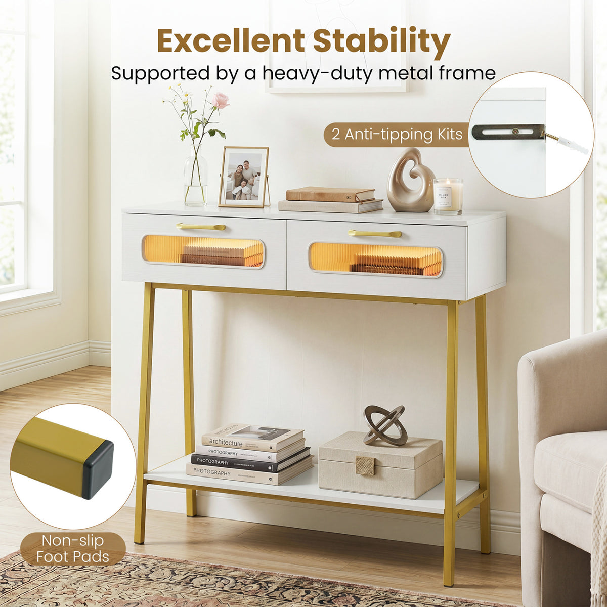 Console Table with LED Lights and Open Shelf for Hallway Entrance-White view 9