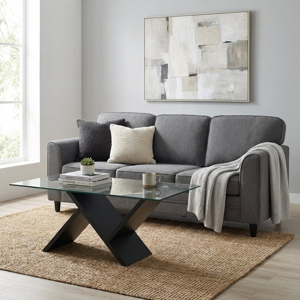 Contemporary Living Room Furniture Suite: Modern 3-Seat Teddy Velvet Sofa + 47-Inch Glass Coffee Table view 2