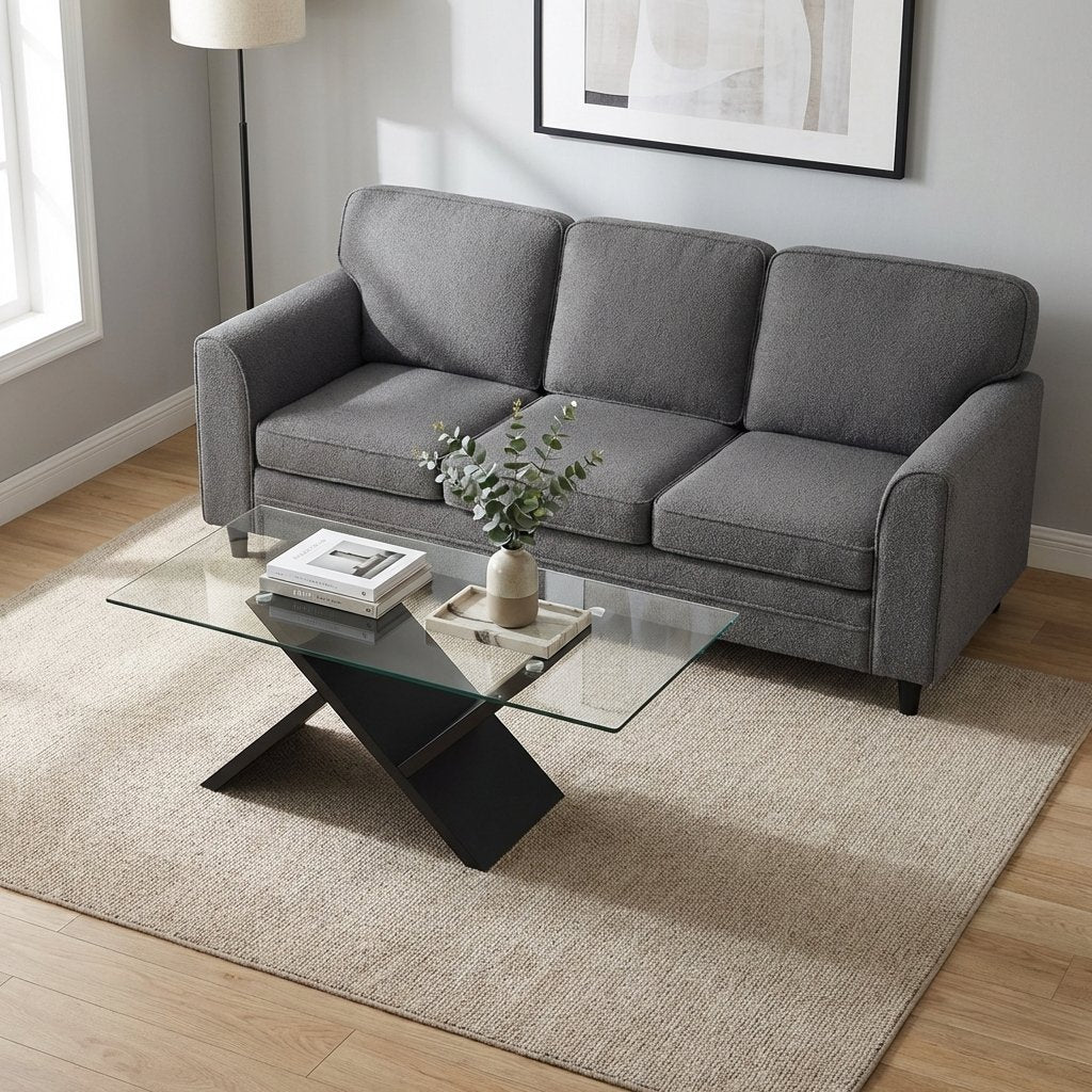 Contemporary Living Room Furniture Suite: Modern 3-Seat Teddy Velvet Sofa + 47-Inch Glass Coffee Table view 3